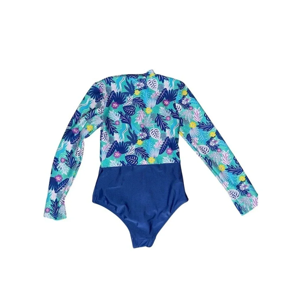 Wave Zone Girls' Tropical Floral L/S One Piece Swimsuit 7-8Y resort‎ vacation
